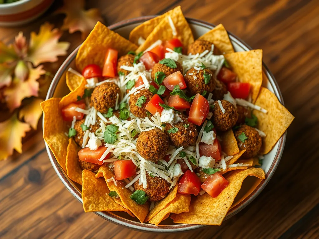 Delicious easy mug falafel nachos topped with tomatoes and cheese