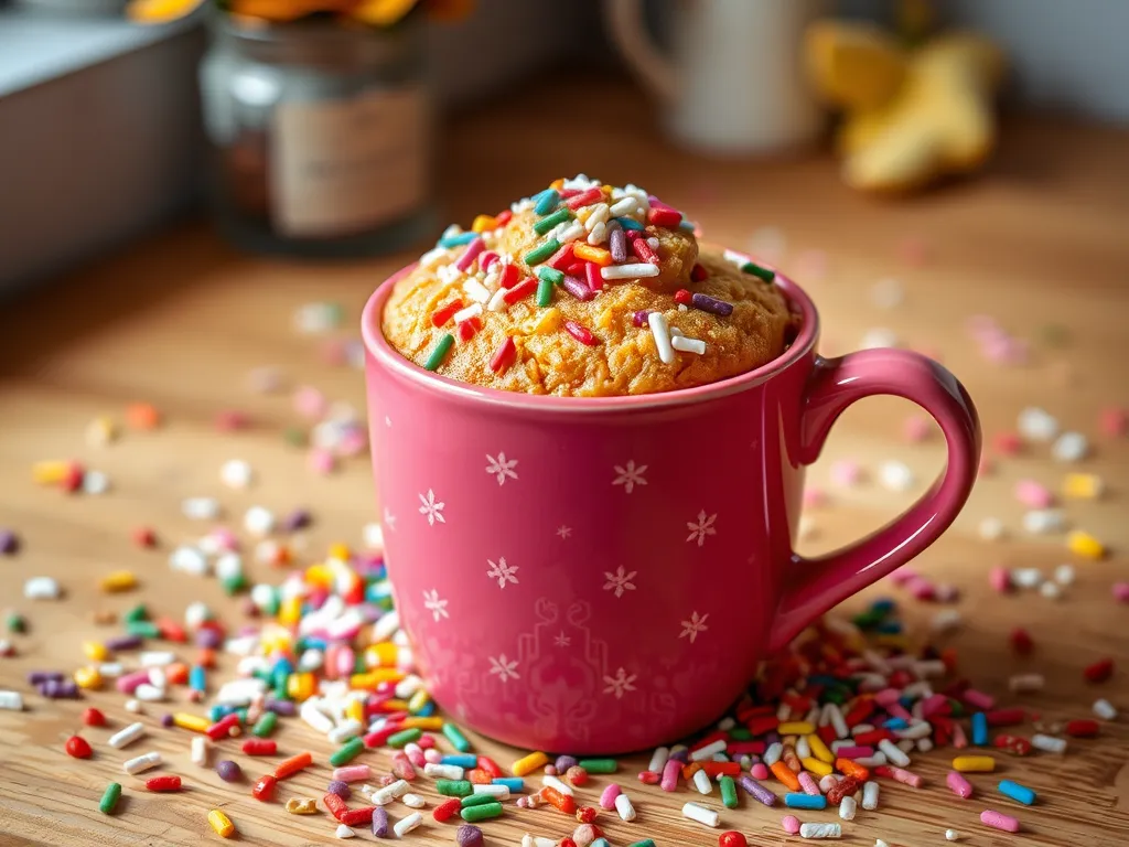Delicious mug falafel pita topped with colorful sprinkles on a wooden table.