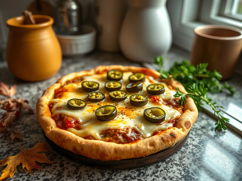 Delicious easy mug falafel pizza topped with jalapeños and melted cheese.