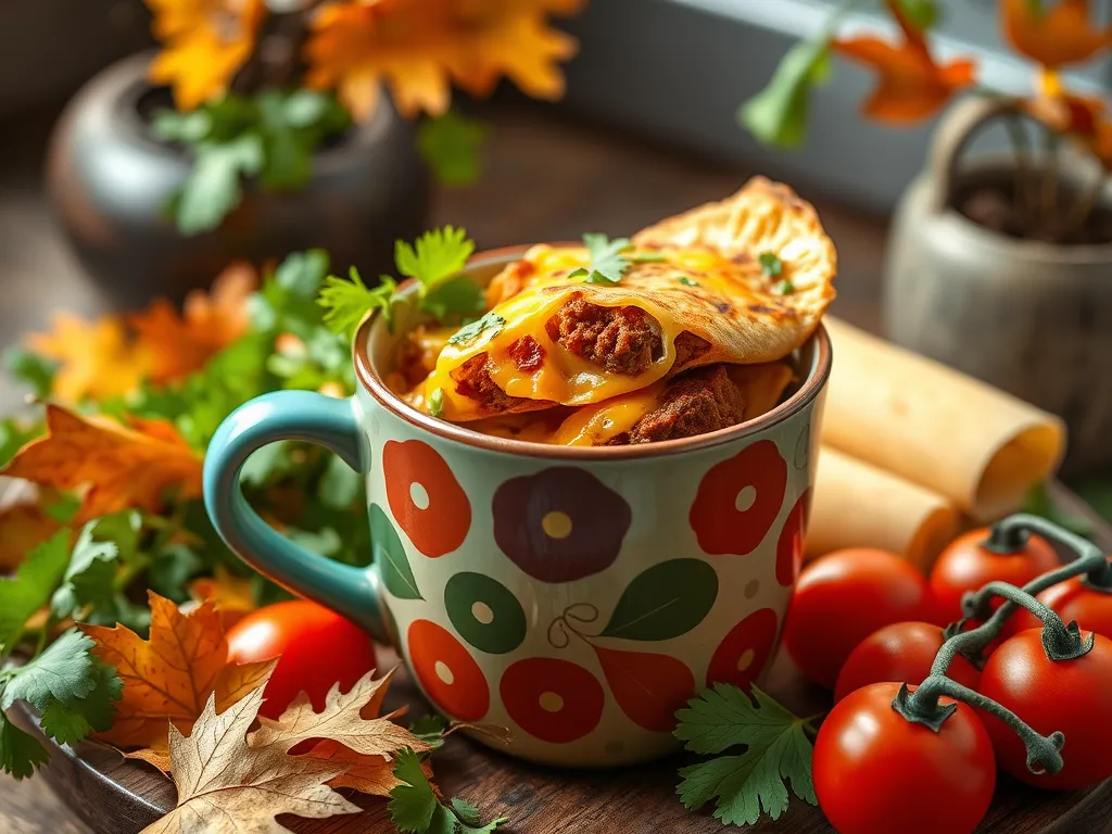 Delicious easy mug falafel quesadilla served in a colorful mug with fresh ingredients.