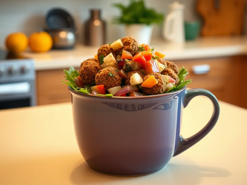 A colorful and healthy mug falafel salad with fresh vegetables and falafel balls