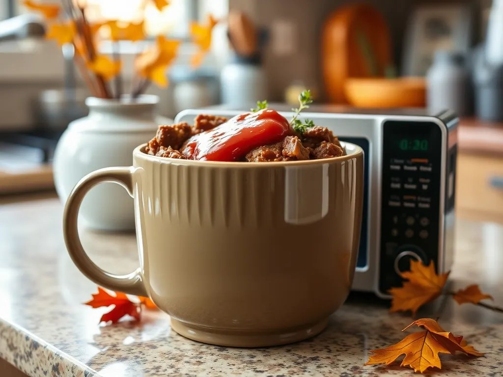 Delicious easy mug meatloaf in a microwave, topped with ketchup and garnished with herbs