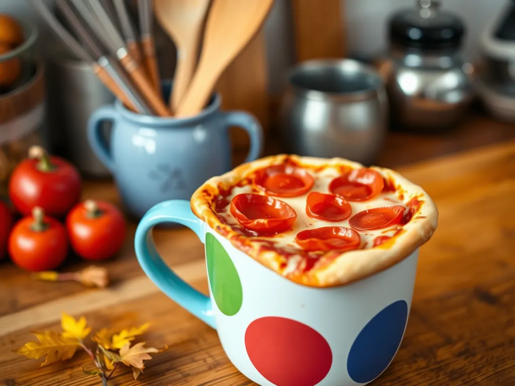 Mug filled with easy mug pizza topped with pepperoni, ideal for microwave cooking.