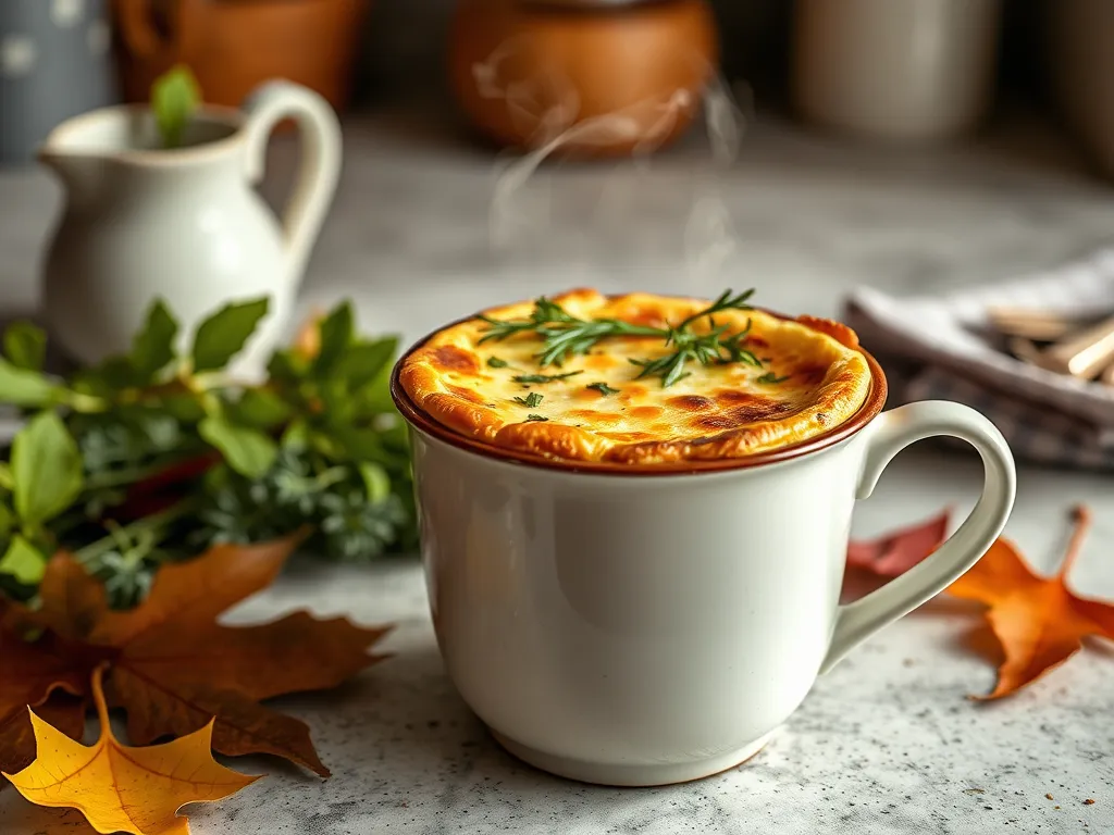 Mug quiche made in microwave with herbs and a steaming top