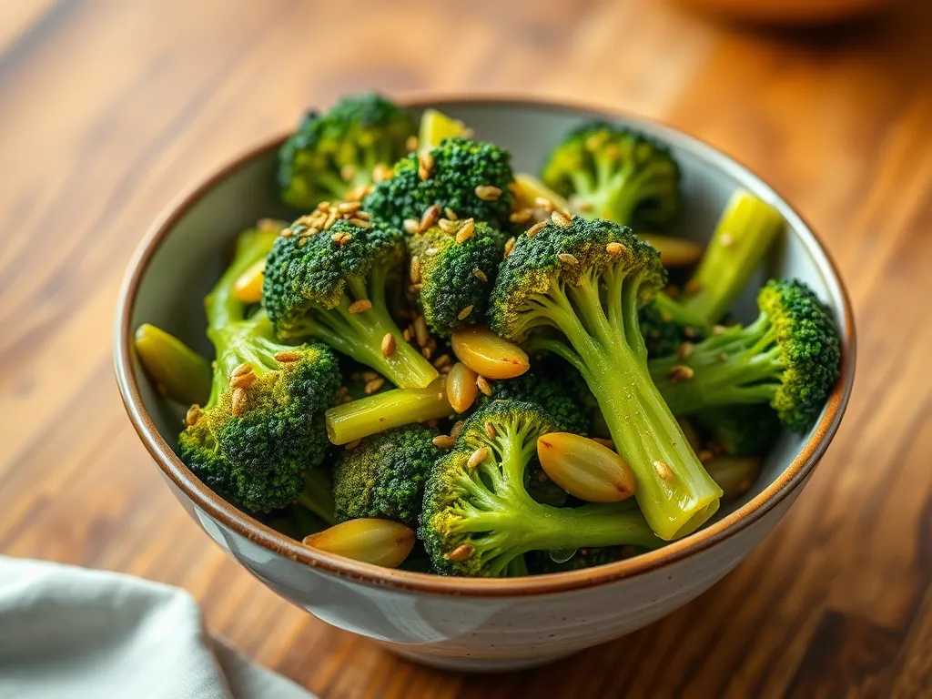 A bowl of sautéed broccoli with sesame seeds, perfect for the easy 2-minute sesame broccoli recipe.