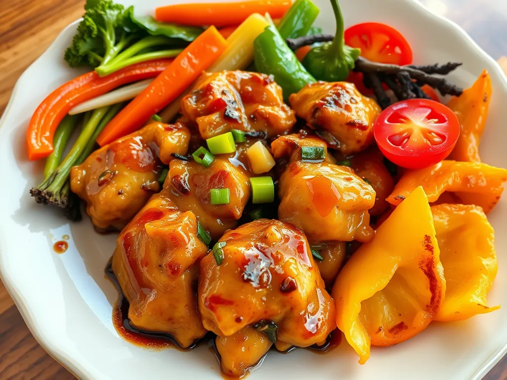 Delicious easy 2-minute sesame chicken dish with colorful vegetables.