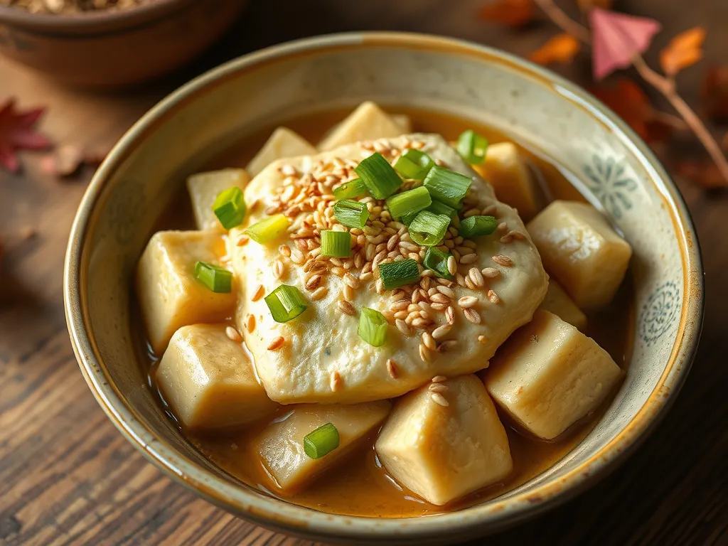 Delicious easy 2-minute sesame tofu garnished with green onions and sesame seeds.
