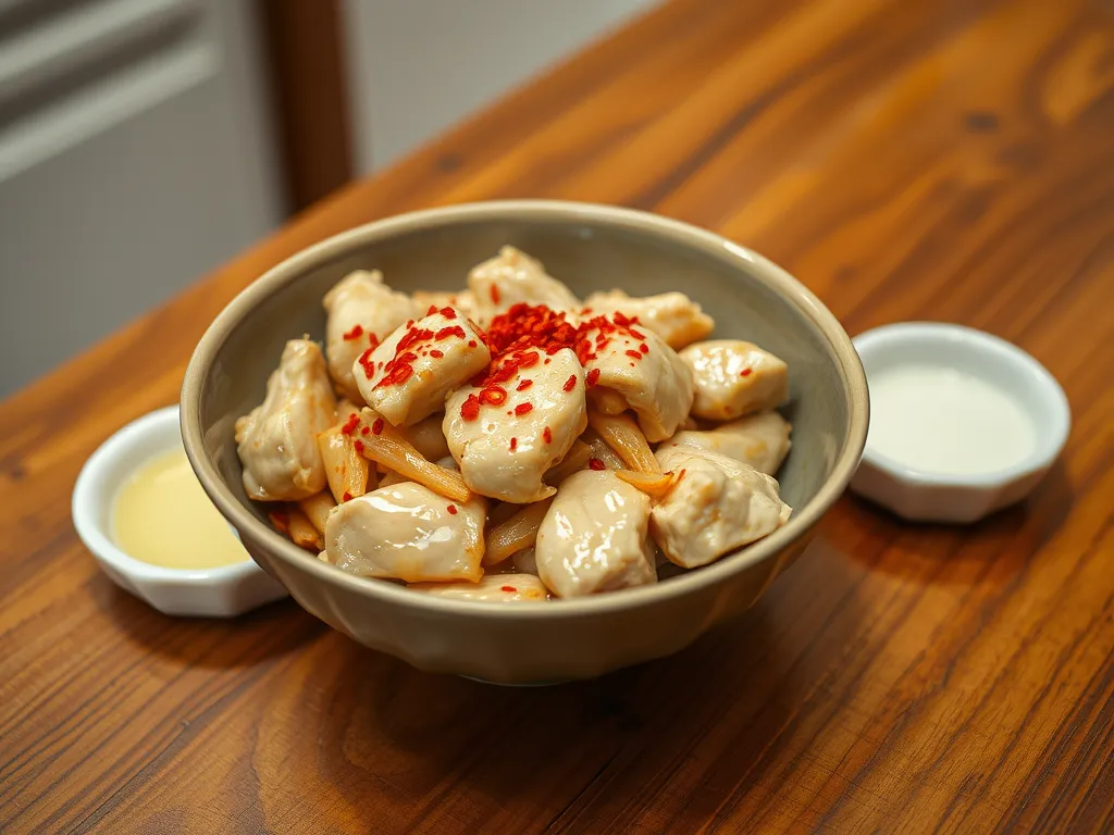 Delicious easy teriyaki chicken made in the microwave, garnished with red pepper flakes.