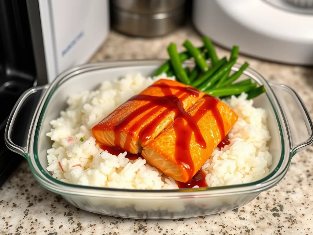 Delicious teriyaki salmon served over rice with green onions, perfect for a quick meal.