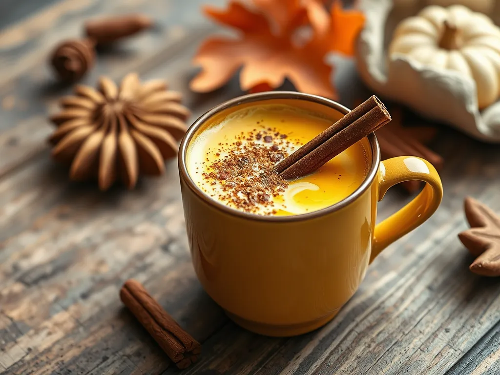 Delicious easy 2-minute turmeric latte topped with cinnamon sticks and spices.