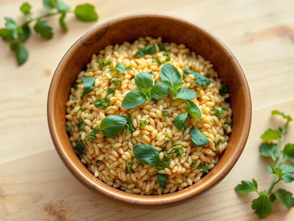 A bowl of Farro Salad garnished with fresh summer herbs for a healthy microwave meal