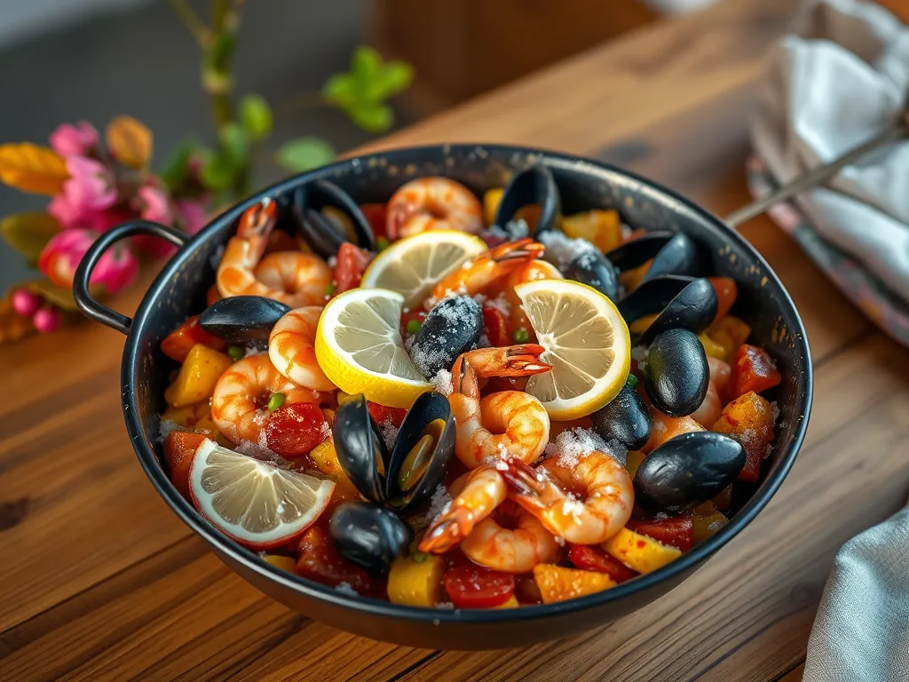 Delicious microwave heated Frozen Paella from Trader Joe's with shrimp, mussels, and lemon.