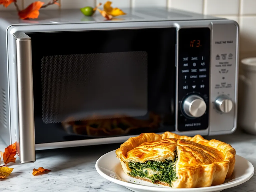 Frozen Spanakopita in microwave with a slice served on a plate, showcasing its delicious spinach and feta filling.