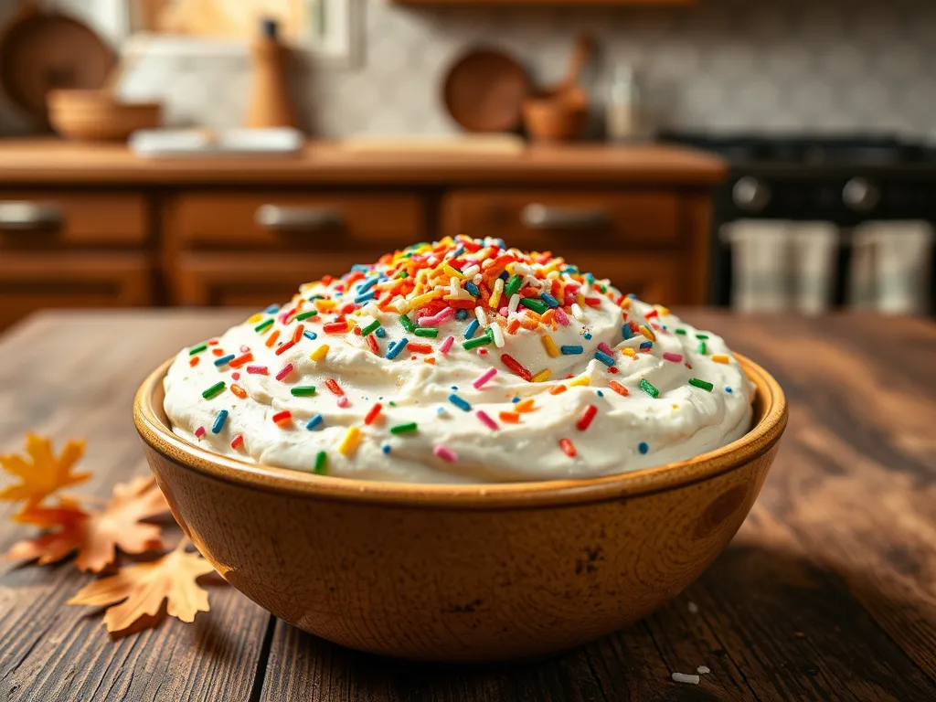 Bowl of Funfetti Dip topped with colorful sprinkles, an easy microwave blend.