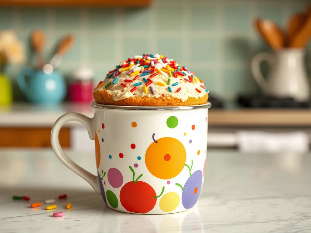 Delicious Funfetti Mug Cake in a colorful mug, topped with sprinkles, perfect for birthdays.
