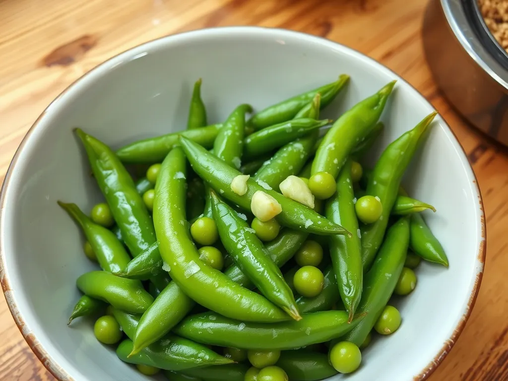 Delicious quick microwave garlic butter snap peas with fresh green peas and garlic.