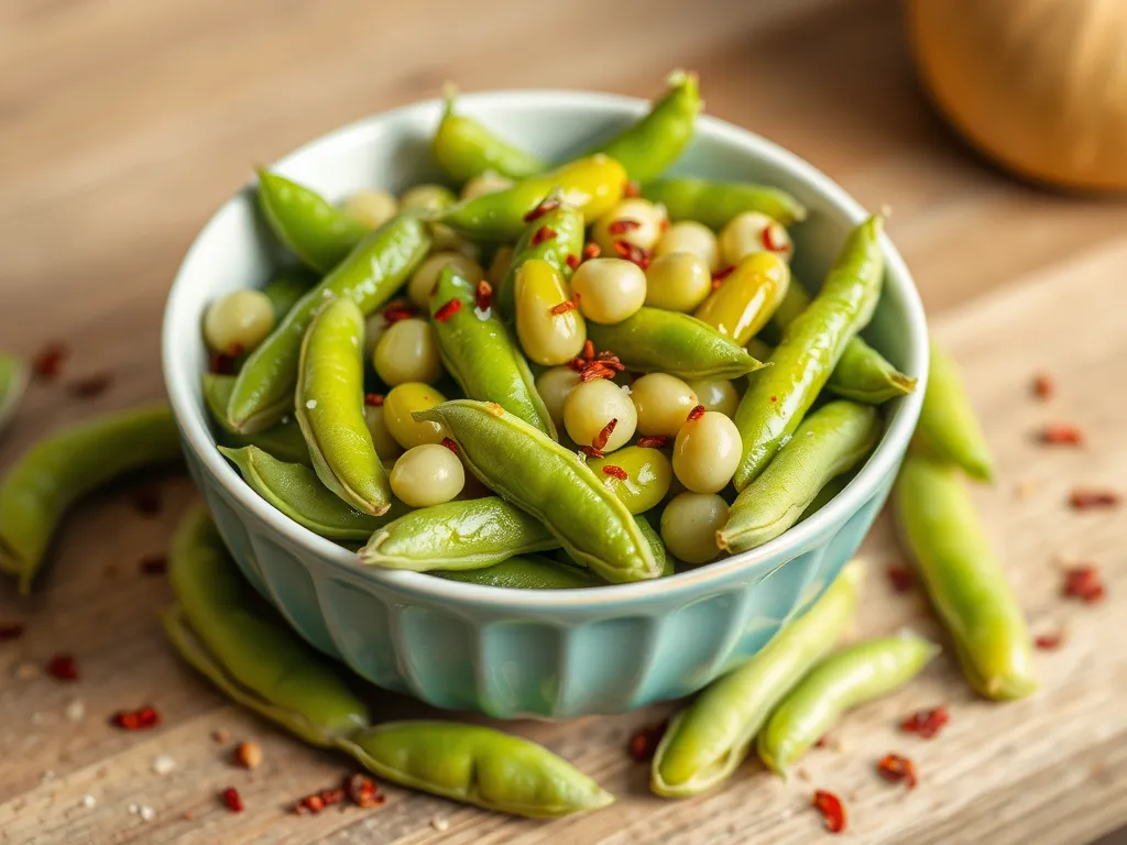 Bowl of garlic edamame with garlic and spices, perfect for a quick snack.
