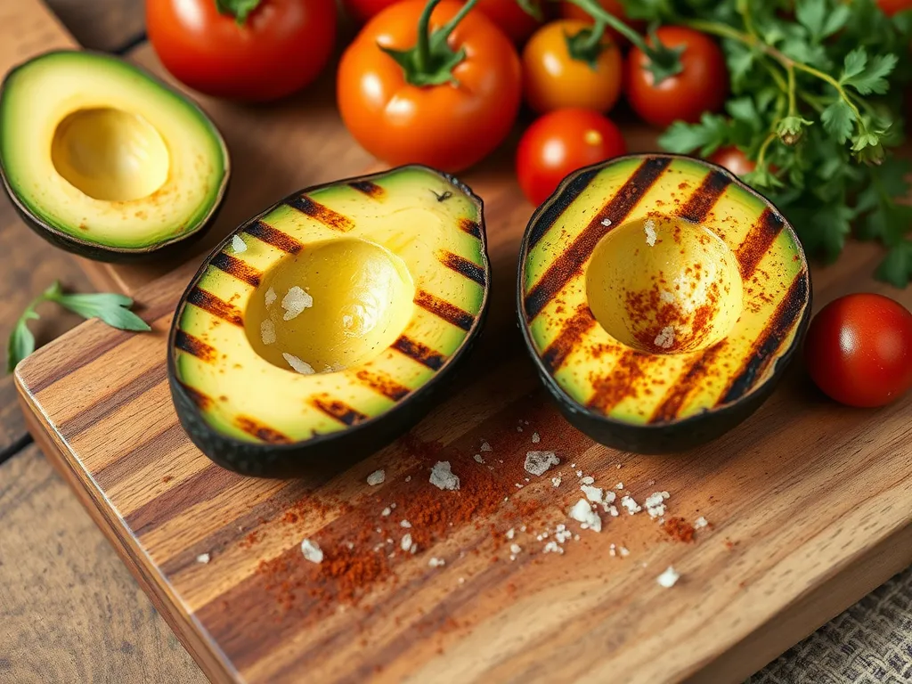 Delicious grilled avocado halves with charred lines, seasoned and ready to serve, perfect for microwave charring.
