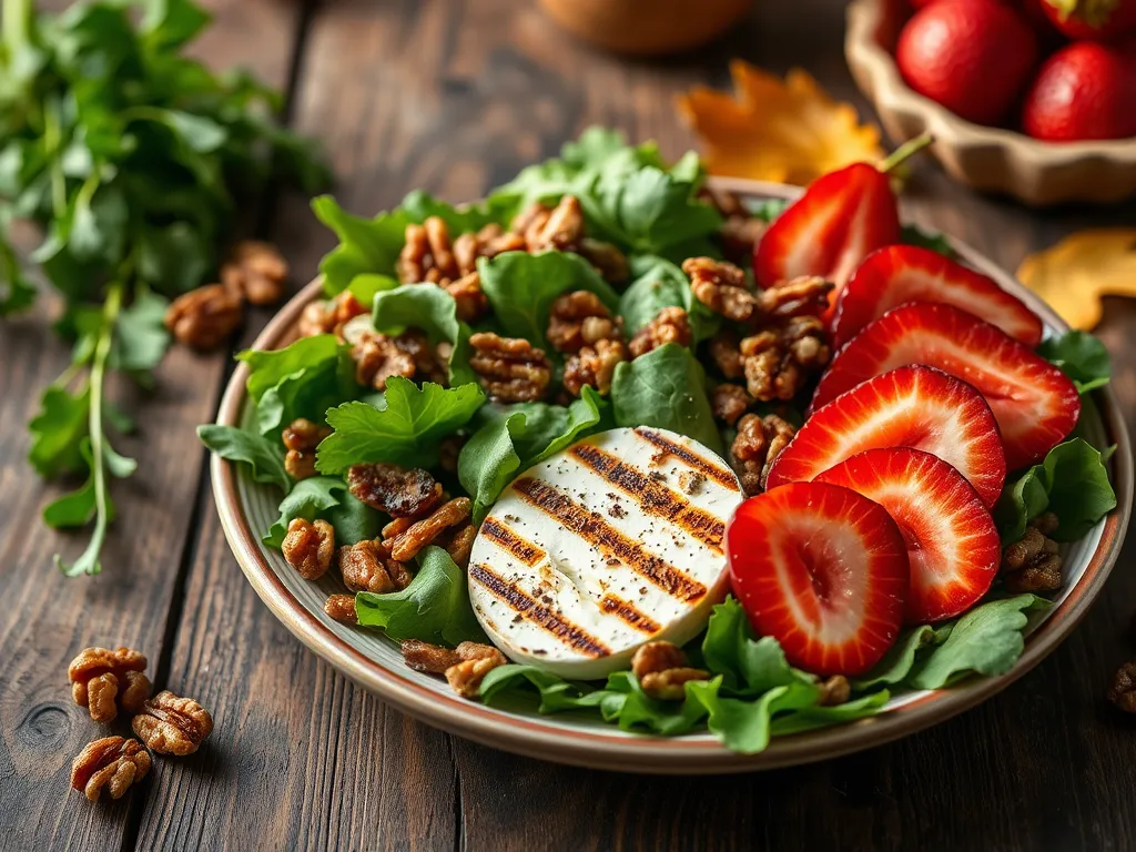 Delicious grilled goat cheese salad with strawberries and walnuts