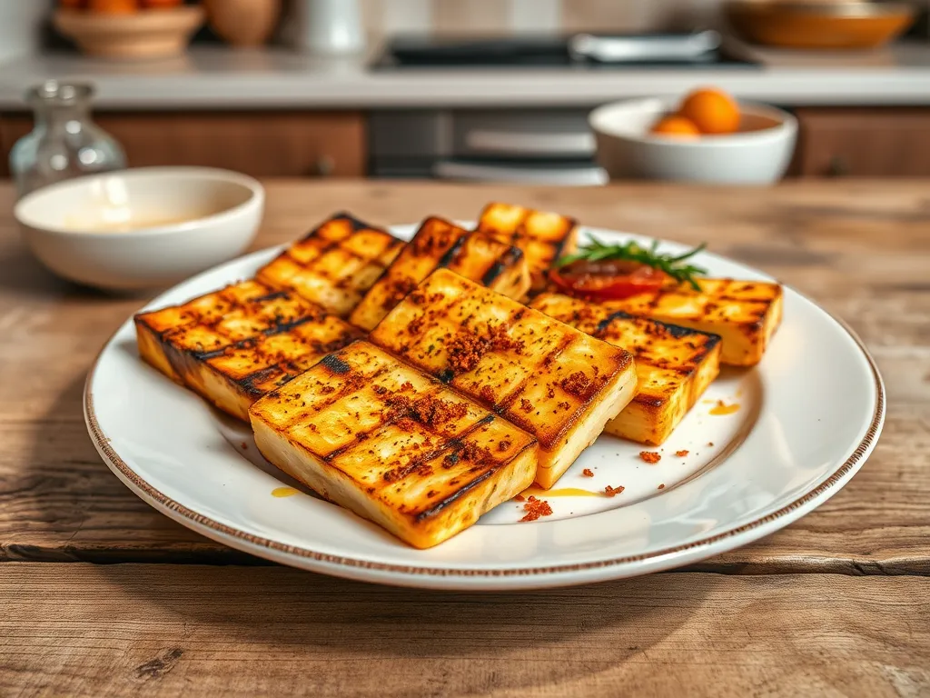 Delicious grilled halloumi cheese slices, perfect for microwave-friendly recipes.