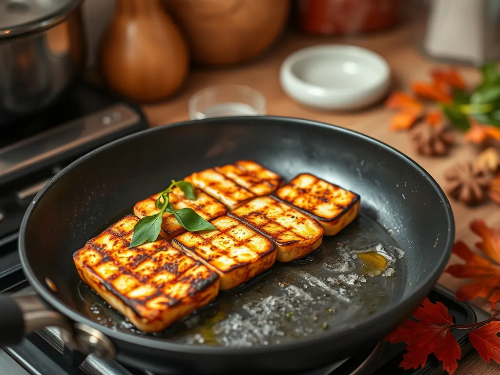 Delicious grilled halloumi cheese in a pan for a salad.
