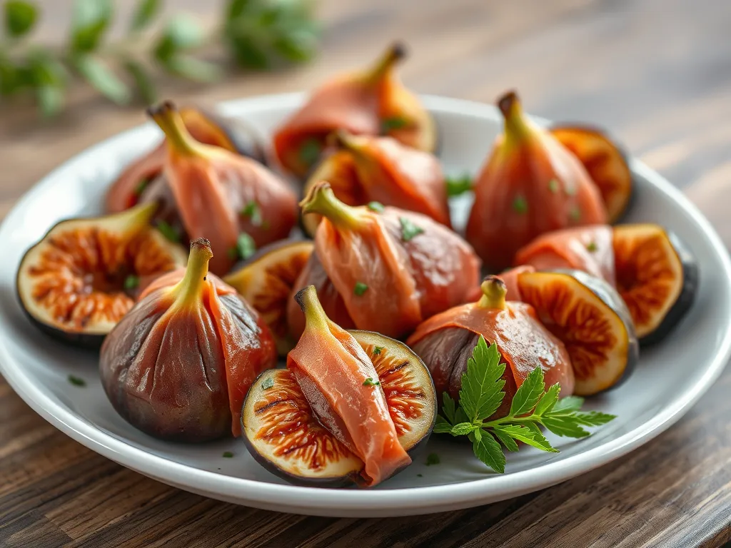Delicious grilled prosciutto-wrapped figs displayed on a white plate, showcasing the sweet figs and savory prosciutto.
