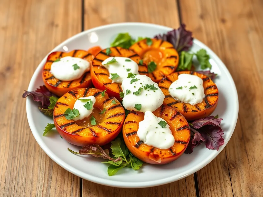 Delicious grilled stone fruits served with yogurt on a bed of greens