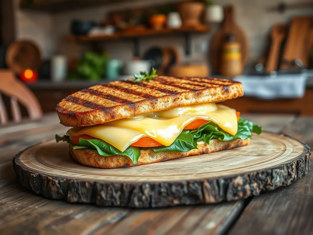 Delicious grilled veggie panini with cheese, tomatoes, and spinach, perfect for microwave melting.