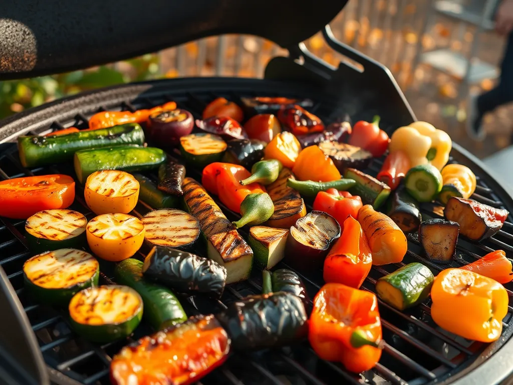 Colorful grilled vegetables including peppers, zucchini, and eggplant, ideal for a grilled veggie stack cooked with microwave finish.