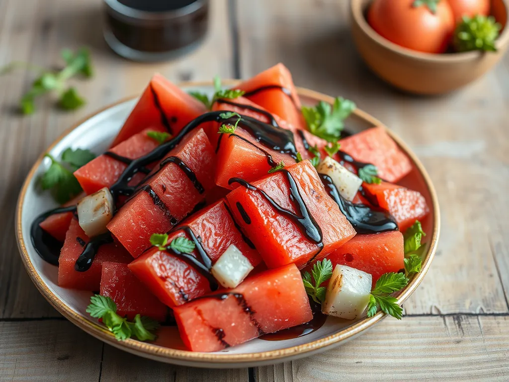 Delicious grilled watermelon salad drizzled with microwave balsamic glaze