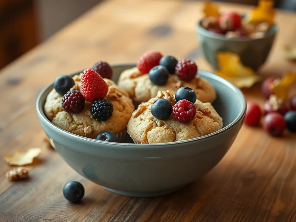 Delicious microwave-ready healthy quinoa muffins topped with fresh berries.