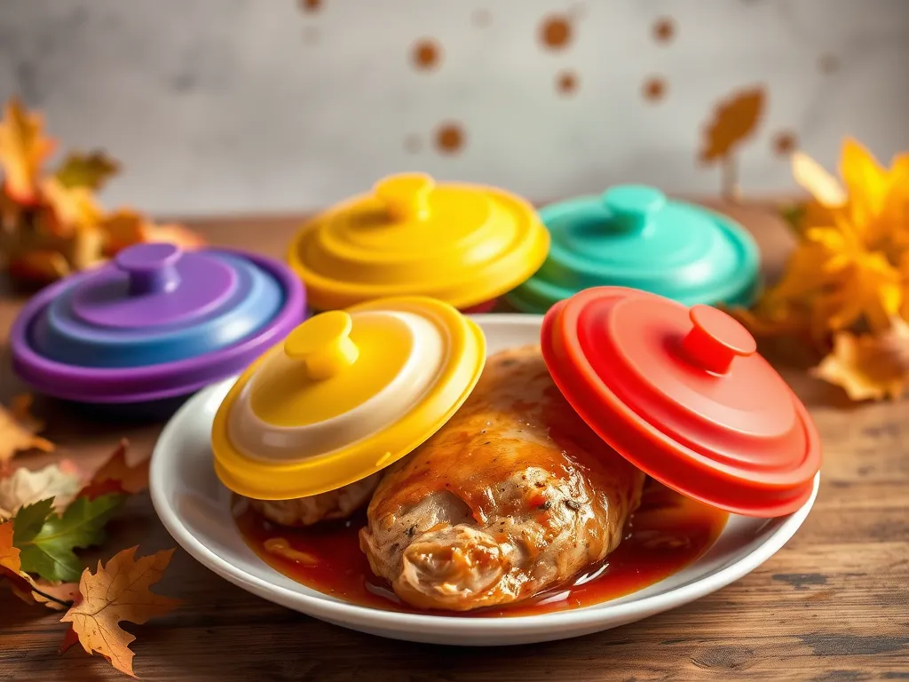 Delicious honey garlic chicken covered in colorful microwave lids for easy cooking.