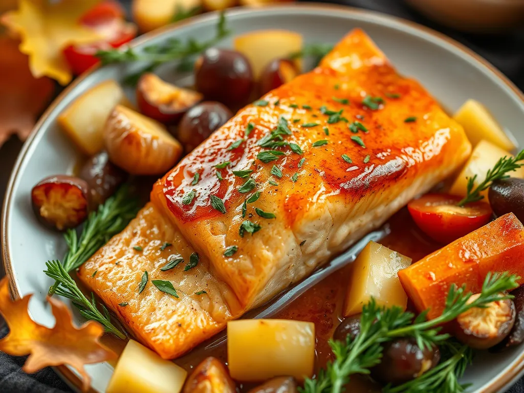 Delicious honey garlic salmon fillet with fruits and vegetables, perfect for microwave poaching.