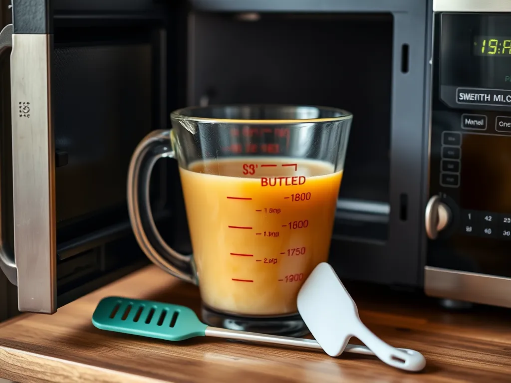Delicious Hot Buttered Rum Mix melting in a microwave with a measuring cup.