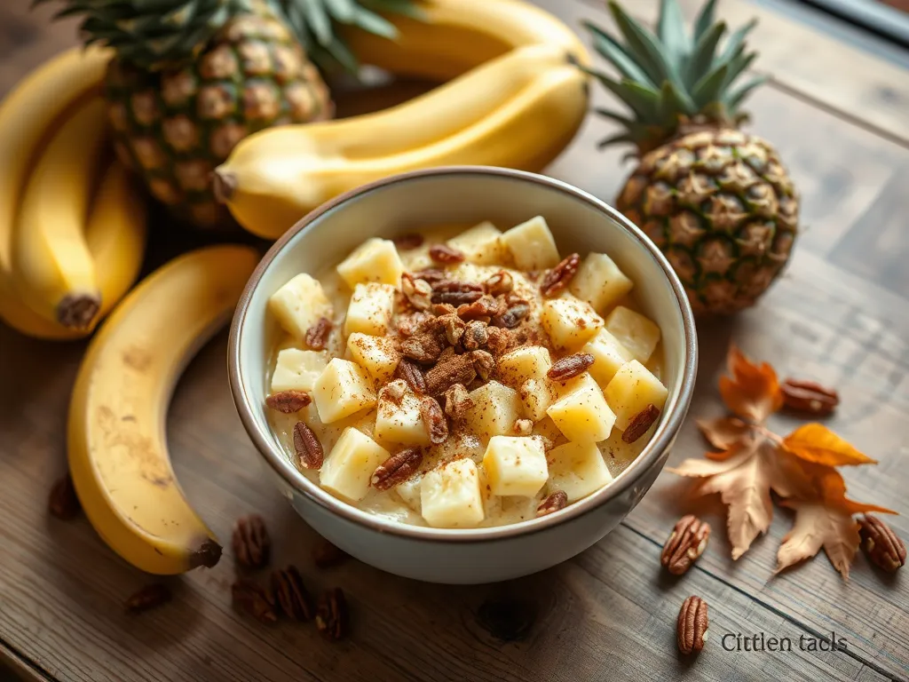 Delicious Hummingbird Cake ingredients in a mug, featuring pineapple, banana, and nuts.