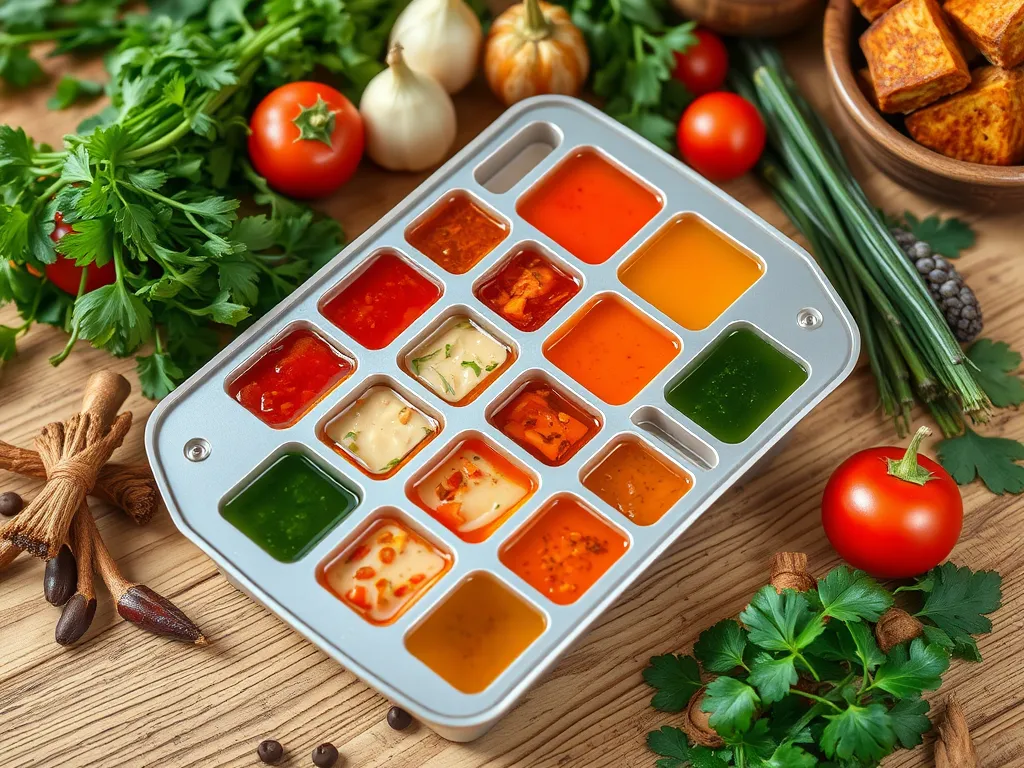 Ice cube tray filled with colorful single-serve sauces for microwaving.