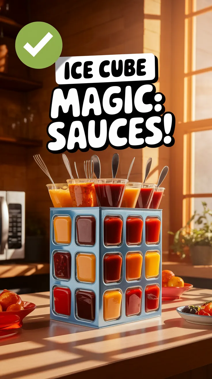 Ice cube trays filled with various colorful sauces for microwaving single servings.
