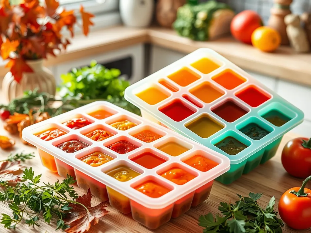 Colorful ice cube trays filled with various single-serve sauces for microwaving.