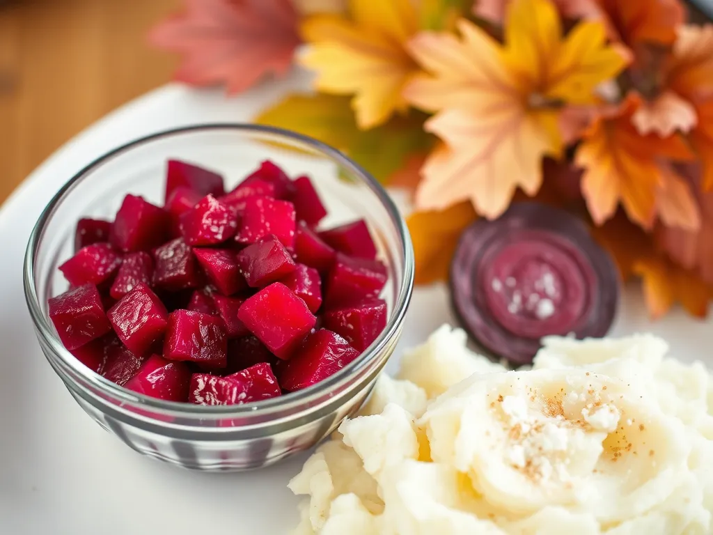 Bowl of canned diced beets next to creamy mashed potatoes, showcasing a cheap and easy meal.