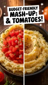 Bowl of instant mashed potatoes topped with diced tomatoes, showcasing a budget-friendly meal.