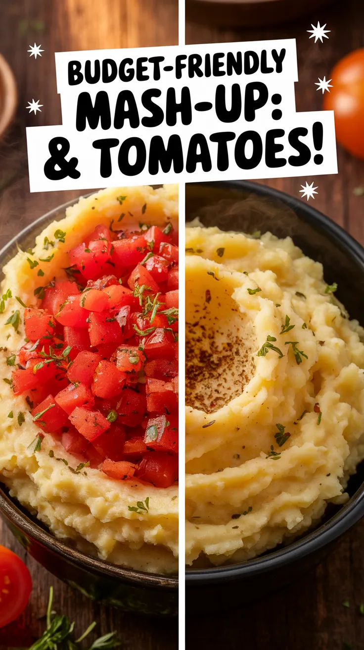 Bowl of instant mashed potatoes topped with diced tomatoes, showcasing a budget-friendly meal.