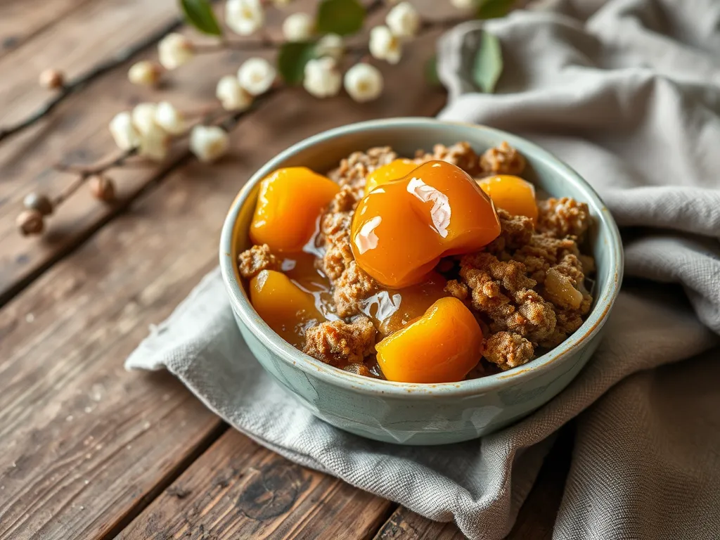 Bowl of lazy microwave instant pancake mix topped with canned apricots.