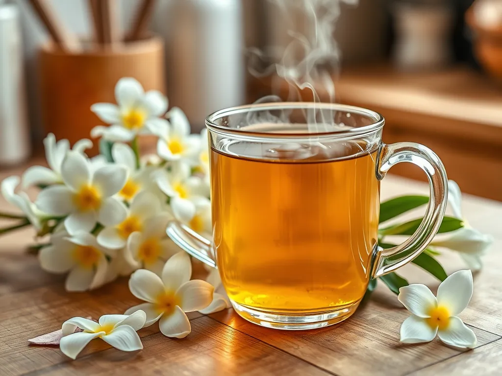 A steaming cup of jasmine tea surrounded by fresh jasmine flowers, perfect for a springtime treat.