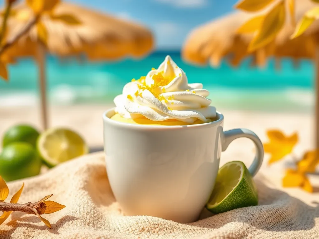 Delicious Key Lime Pie in a Mug topped with whipped cream, set against a beach background.