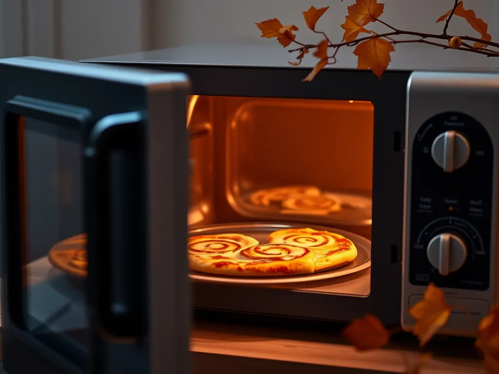 Microwave-friendly kid-approved pinwheel pizzas baking in a microwave.