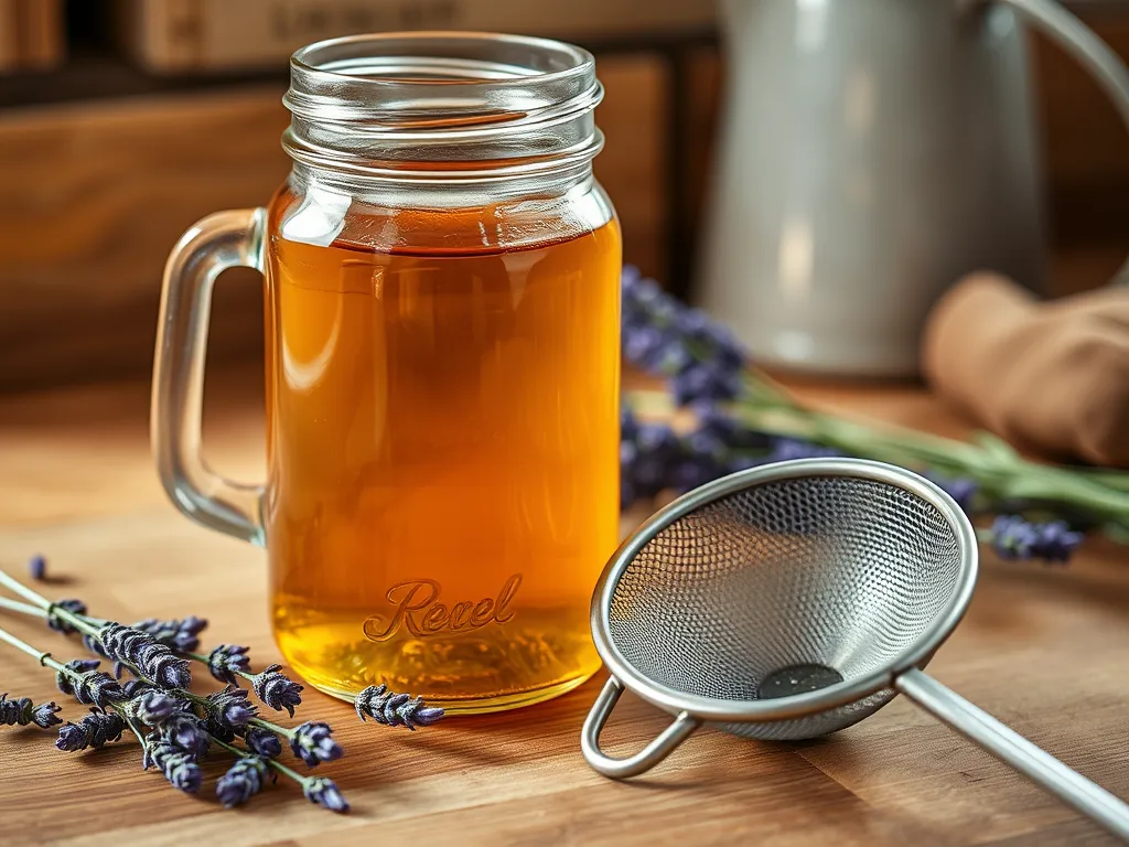 Microwave syrup for Lavender Lemonade in a jar surrounded by fresh lavender.