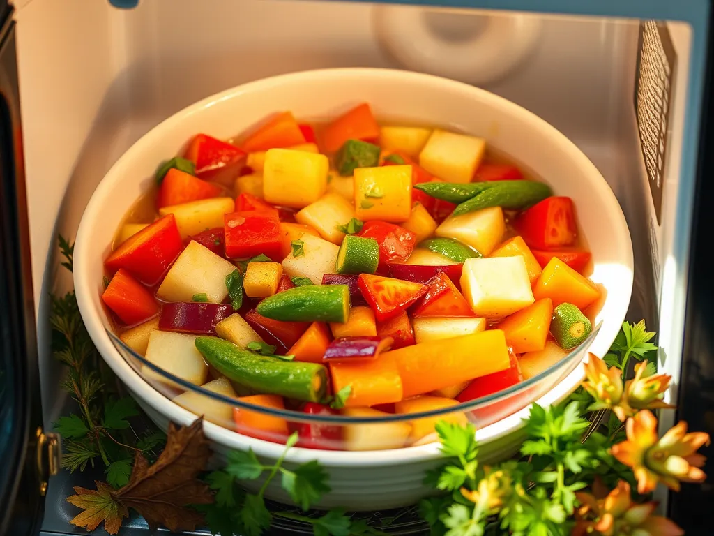 Colorful mix of fresh vegetables in a bowl ready for microwave cooking
