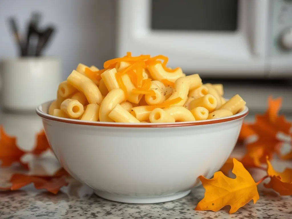 Bowl of lazy microwave 3-ingredient mac and cheese with cheddar on top