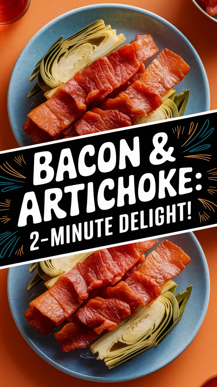 Lazy microwave pre-cooked bacon served with canned diced artichokes on a plate.