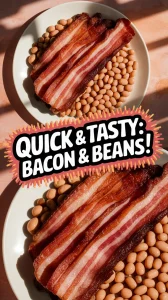 Delicious lazy microwave pre-cooked bacon served with canned beans